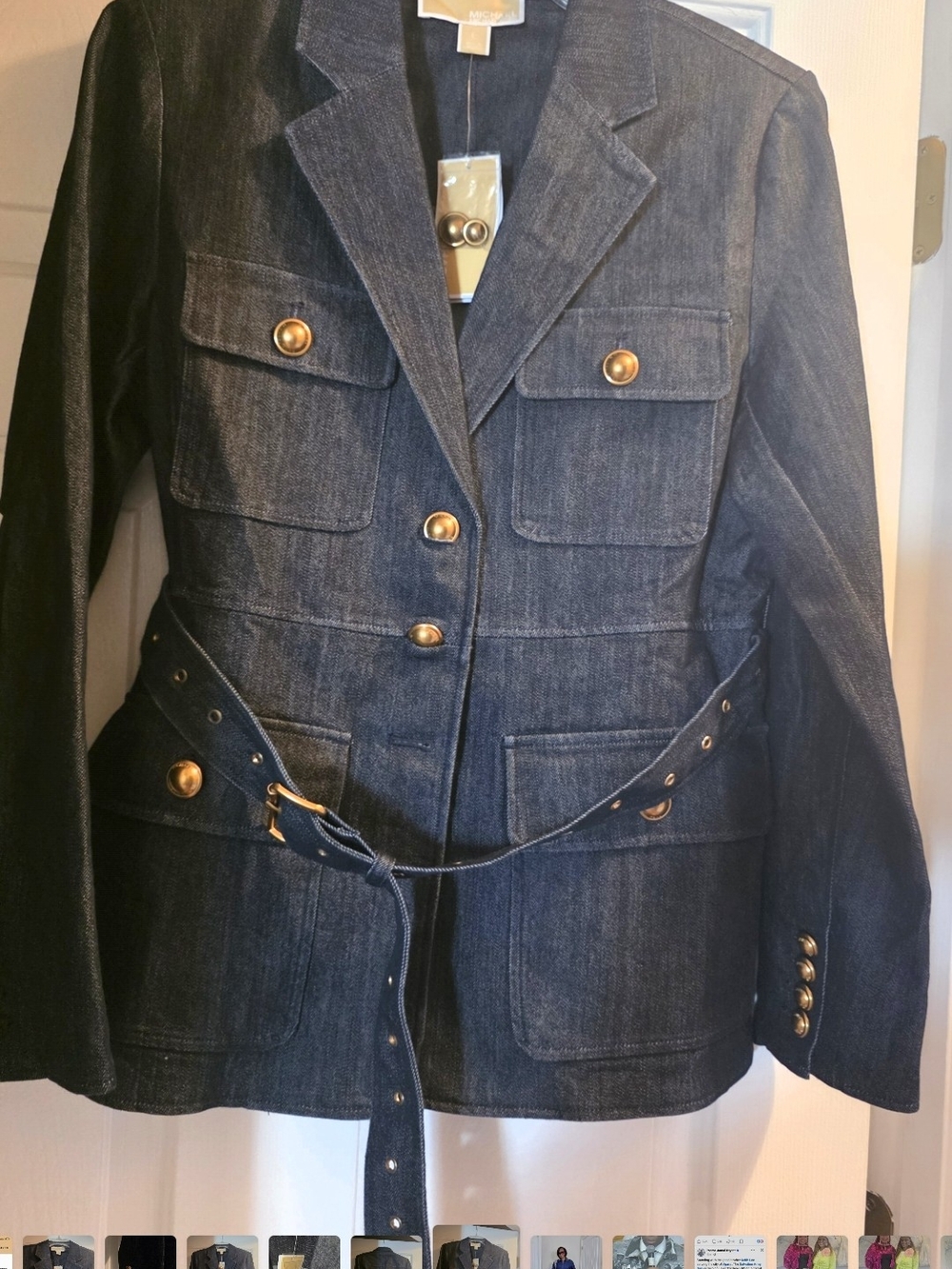 Michael Kors Dark Blue Denim Belted Blazer with Gold Buttons